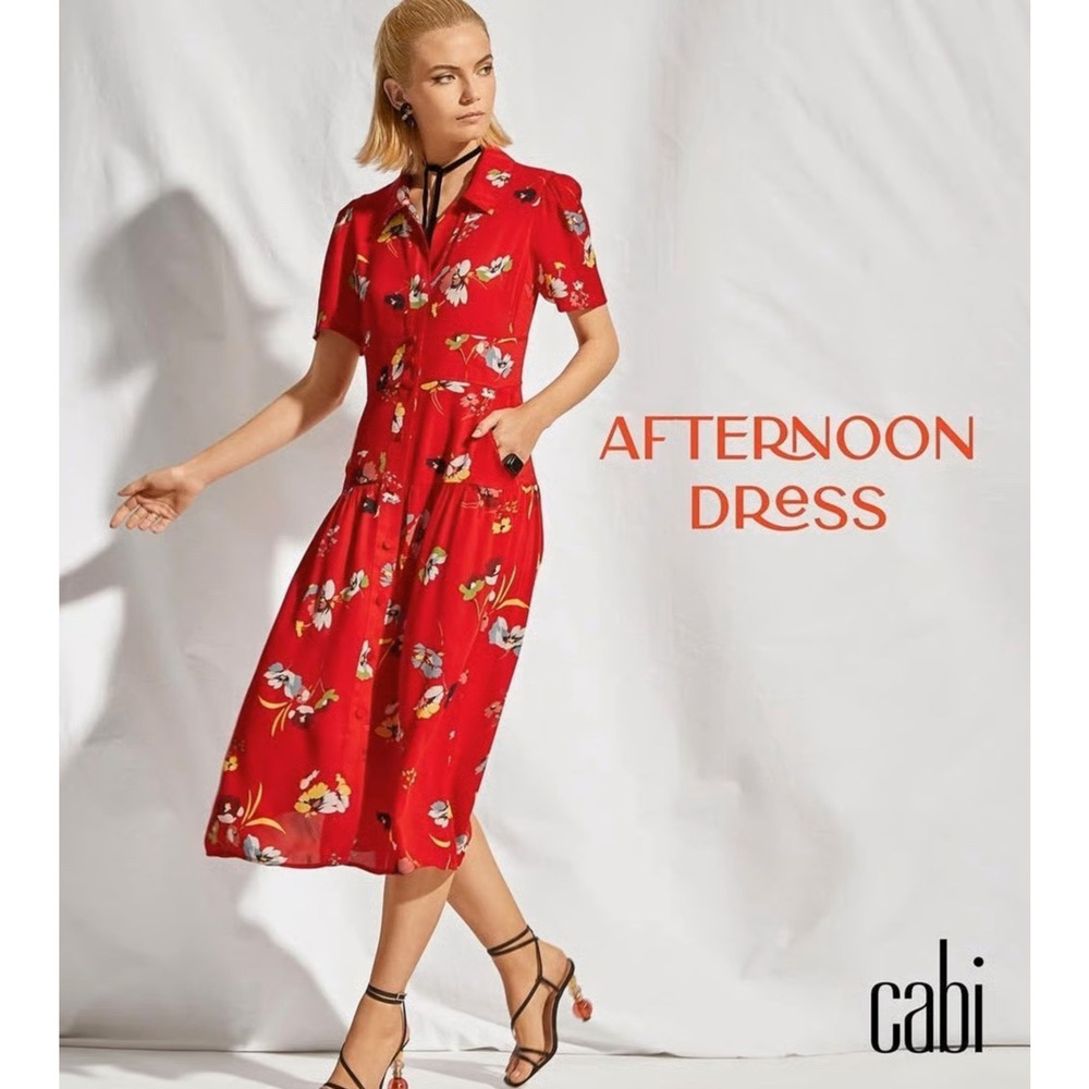 *Flawed* CAbi Afternoon Dress Floral Midi Red 6218 SS Shirt Dress Size XL Sheer - Picture 1 of 15